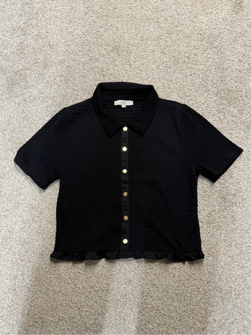LOFT Black Short-Sleeve Knit Polo with Gold Buttons